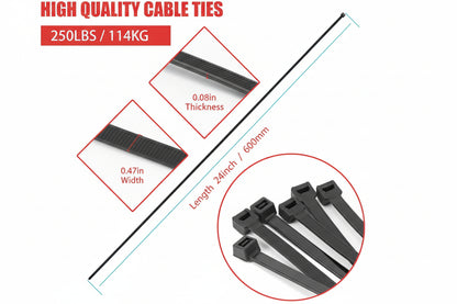24" Black Zip Ties - 300 PCS