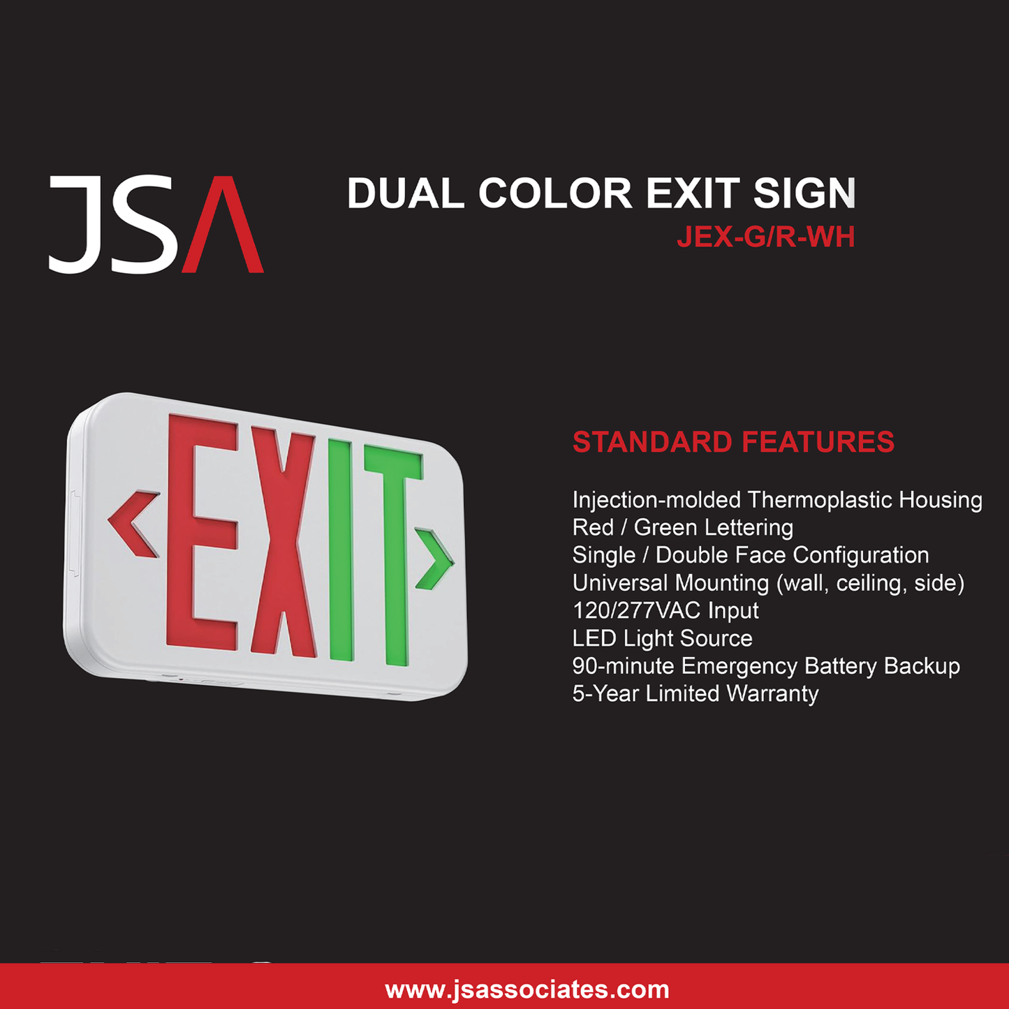 Exit Sign, Single/Dual Face, Red/Green Letters, White Housing w/ EM