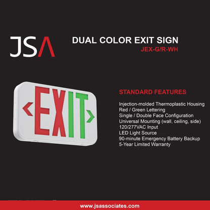 Exit Sign, Single/Dual Face, Red/Green Letters, White Housing w/ EM